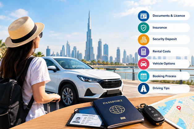 Dubai car rental guide showing documents, insurance, security deposit and booking information